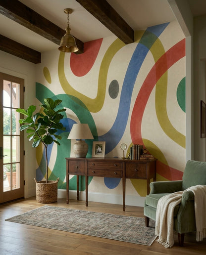 Abstract Ribbon Shapes Wallpaper Mid Century Modern Wall Mural