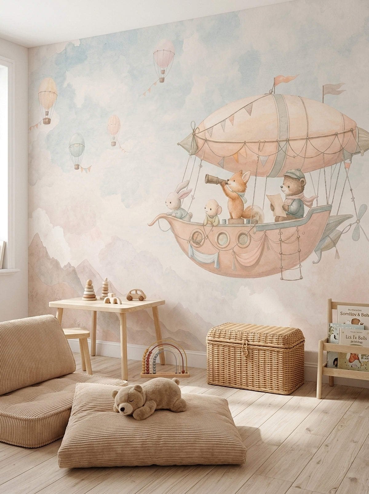 Whimsical Airship Animals Wallpaper Watercolor Storybook Wall Mural
