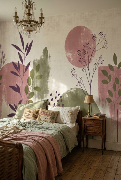 Abstract Botanical Stems Wallpaper Linen Texture Wall Mural