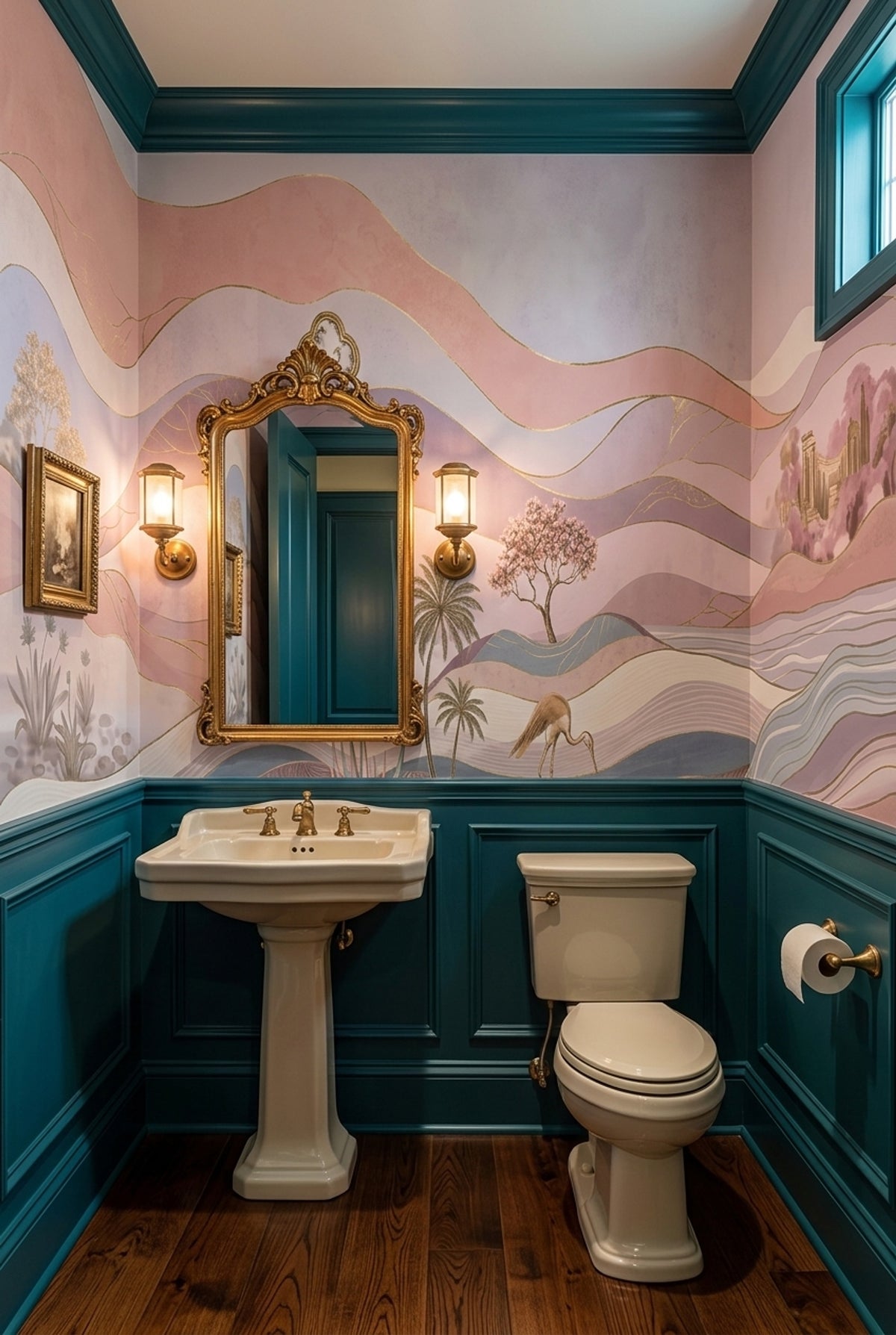 Pastel Landscape Wallpaper Gold Linework Wall Mural