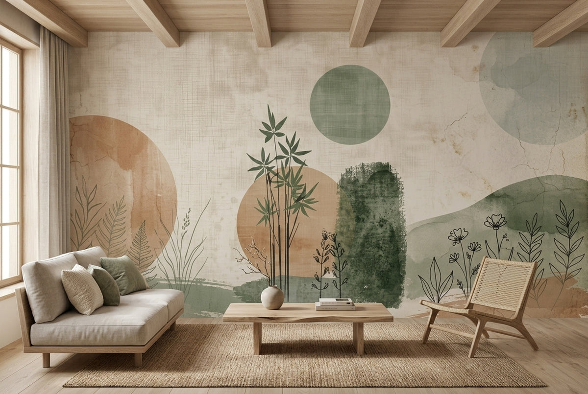 Watercolor Botanical Sketch Wallpaper Muted Green Wall Mural