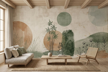 Watercolor Botanical Sketch Wallpaper Muted Green Wall Mural