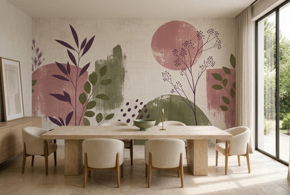 Abstract Botanical Stems Wallpaper Linen Texture Wall Mural