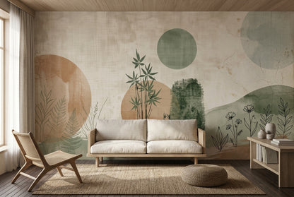 Watercolor Botanical Sketch Wallpaper Muted Green Wall Mural