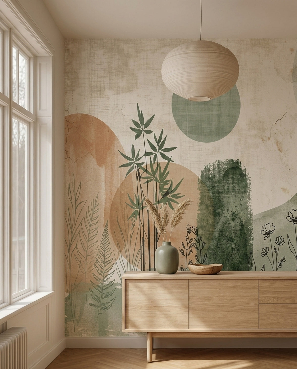 Watercolor Botanical Sketch Wallpaper Muted Green Wall Mural