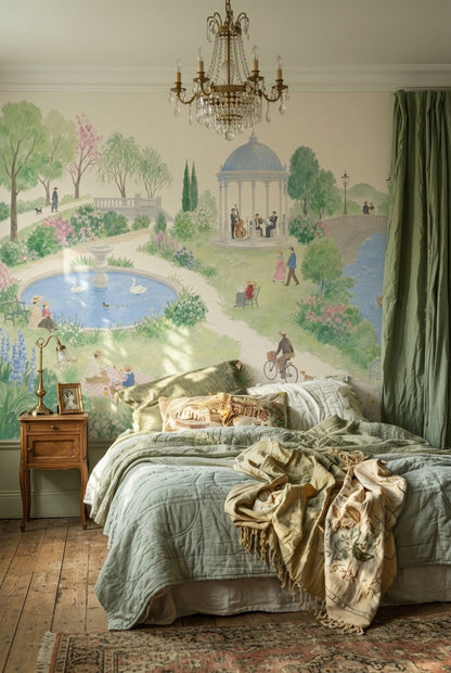 Watercolor European Park Wallpaper Gazebo River Wall Mural