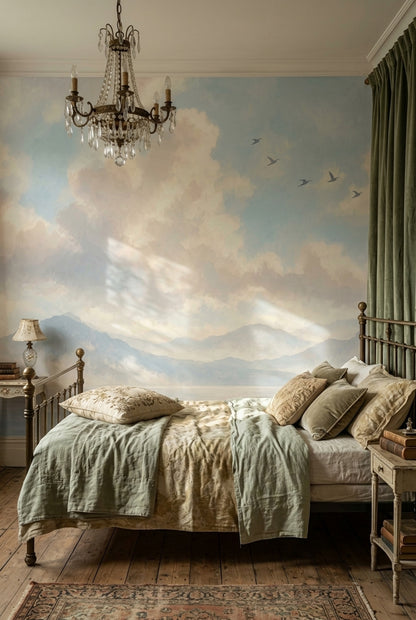 Watercolor Coastal Landscape Wallpaper Blue Sky Wall Mural