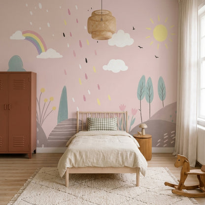 Rainbow Sun And Clouds Wallpaper Pastel Landscape Wall Mural