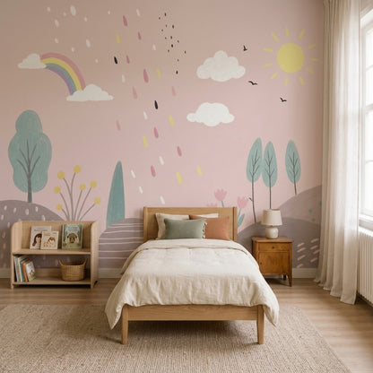 Rainbow Sun And Clouds Wallpaper Pastel Landscape Wall Mural