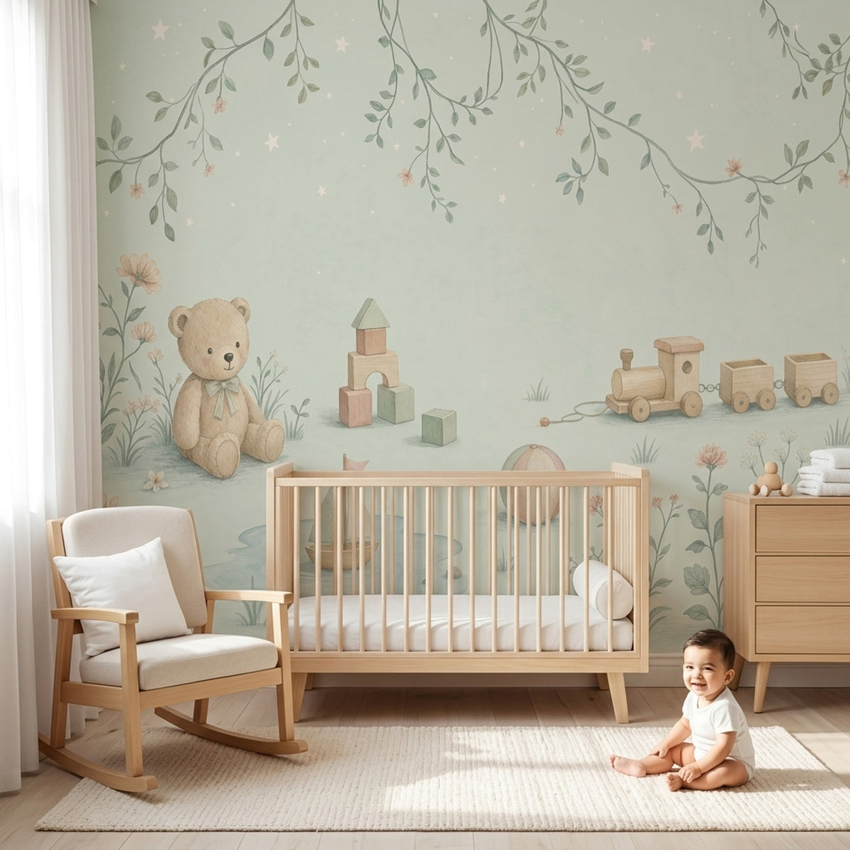 Watercolor Teddy Bear Wallpaper Pastel Toy Garden Wall Mural