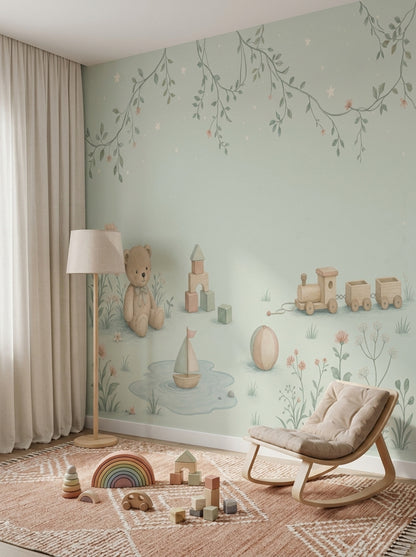 Watercolor Teddy Bear Wallpaper Pastel Toy Garden Wall Mural