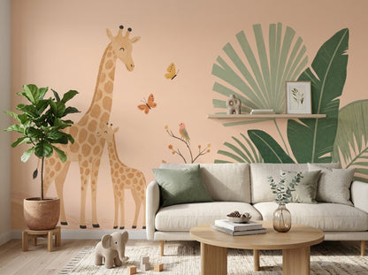 Mother And Baby Giraffe Wallpaper Watercolor Safari Wall Mural