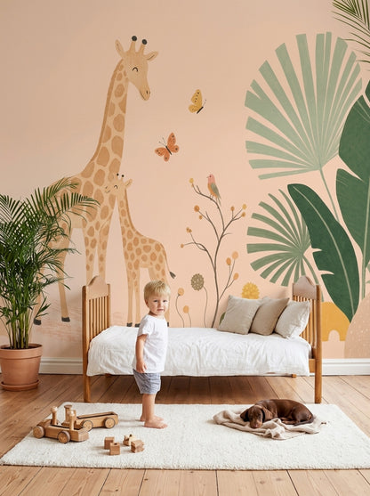Mother And Baby Giraffe Wallpaper Watercolor Safari Wall Mural