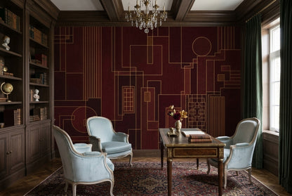 Burgundy Geometric Lines Wallpaper Art Deco Gold Wall Mural