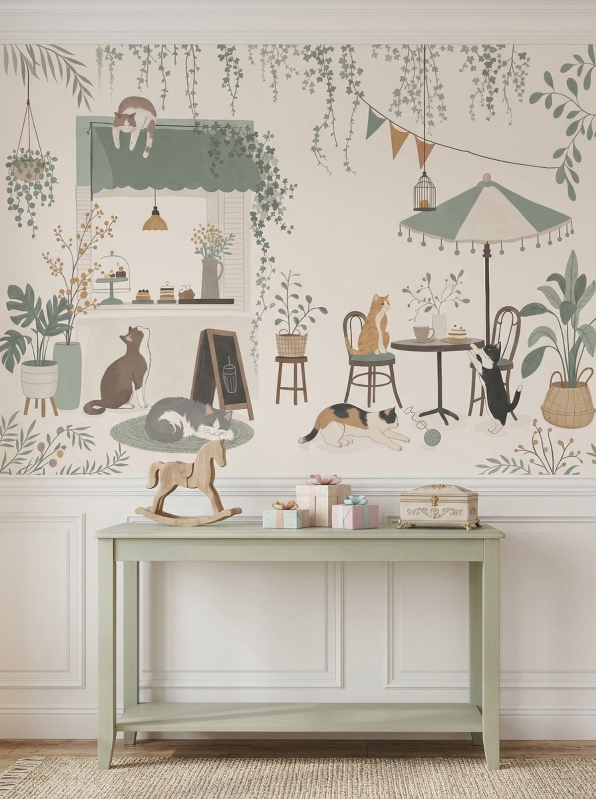Cat Cafe Storefront Wallpaper Sage Green Garden Patio Wall Mural