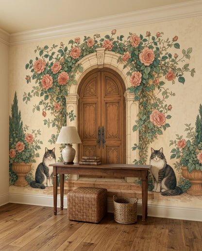 Rose Arbor Wooden Door Wallpaper Vintage Garden Wall Mural