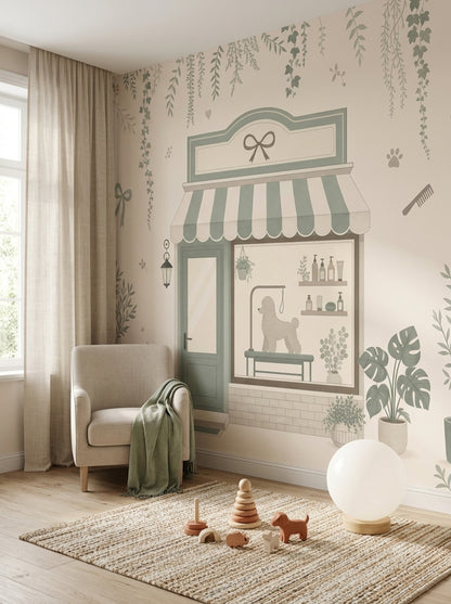 Pet Grooming Shop Wallpaper Sage Green Boutique Wall Mural