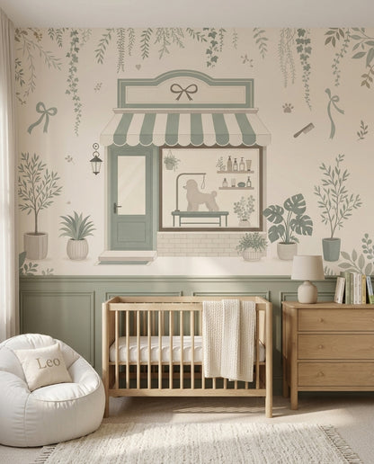 Pet Grooming Shop Wallpaper Sage Green Boutique Wall Mural