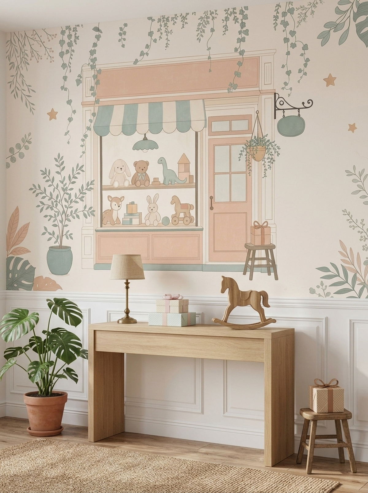 Pastel Toy Shop Storefront Wallpaper Whimsical Nursery Wall Mural