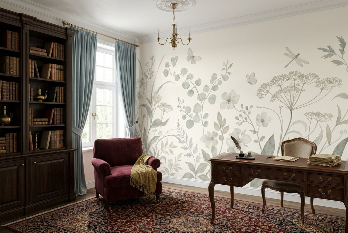 Wildflower Meadow Wallpaper Watercolor Sage Green Wall Mural