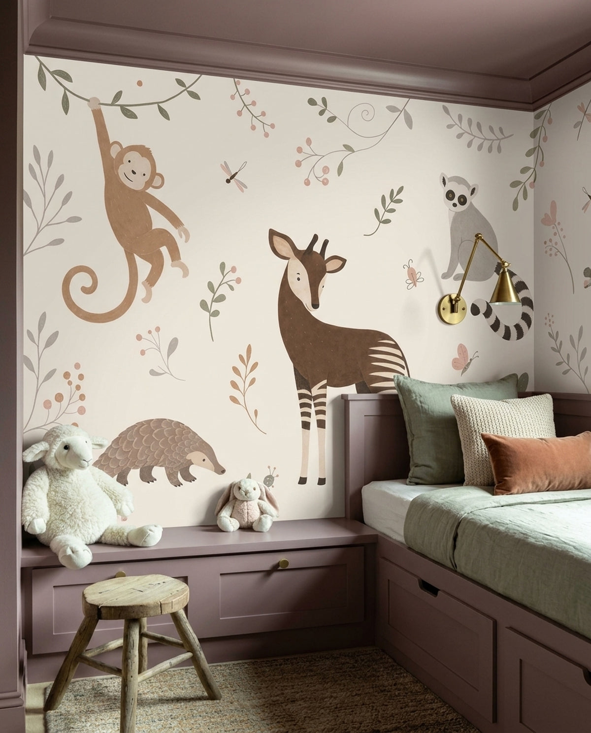 Whimsical Jungle Animals Wallpaper Soft Ivory Nursery Wall Mural