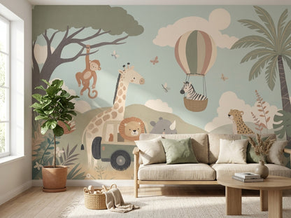 Pastel Safari Animals Wallpaper Hot Air Balloon Wall Mural