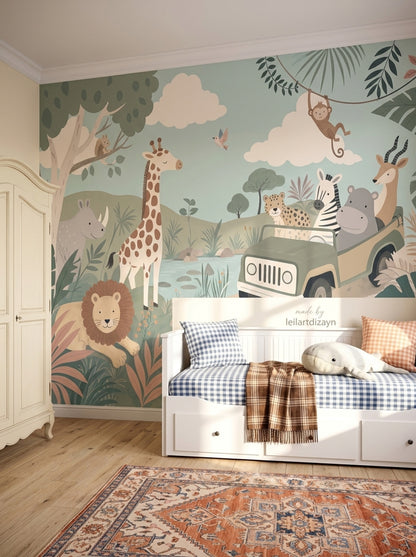 Pastel Safari Animals Wallpaper Jungle Nursery Wall Mural