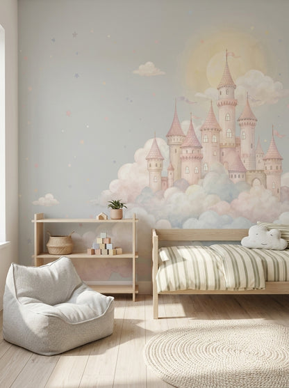 Fairy Tale Castle Wallpaper Watercolor Pastel Wall Mural