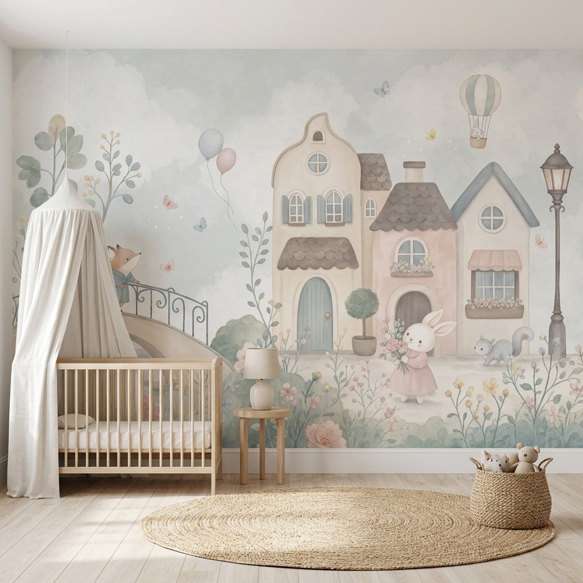 Watercolor Fairy Village Wallpaper Hot Air Balloon Wall Mural