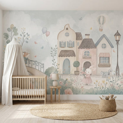 Watercolor Fairy Village Wallpaper Hot Air Balloon Wall Mural