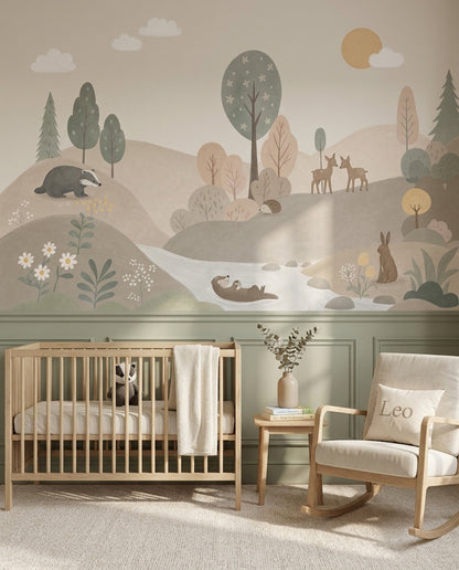Woodland Forest Animals Wallpaper Pastel Landscape Wall Mural