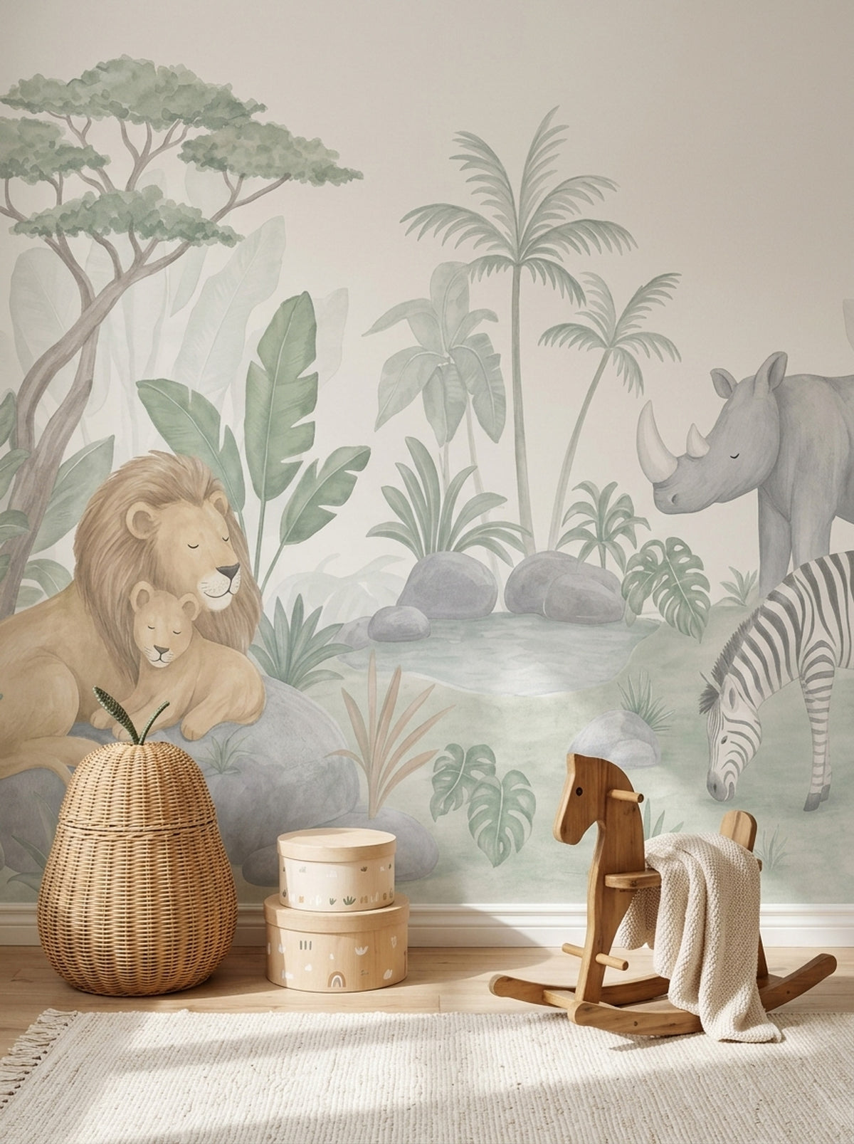 Watercolor Safari Animals Wallpaper Pastel Nursery Wall Mural