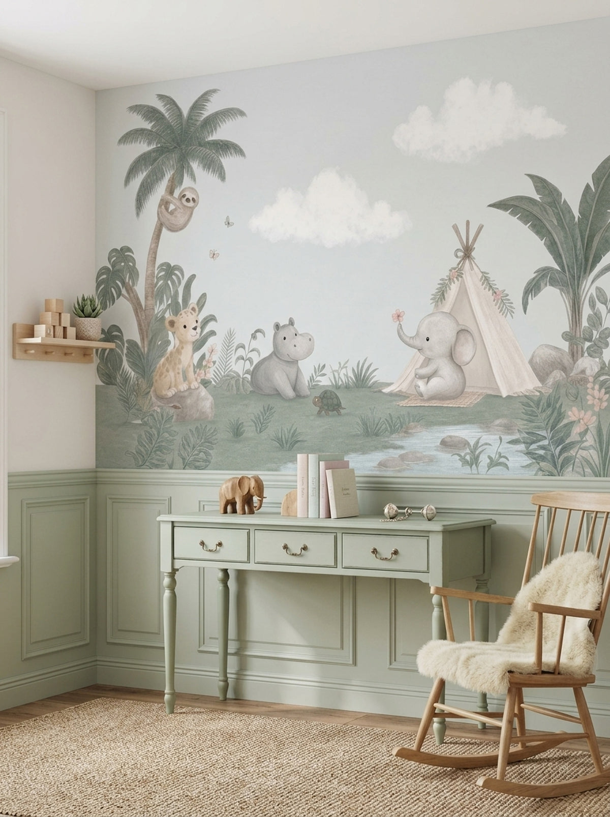 Pastel Jungle Safari Animals Wallpaper Watercolor Nursery Wall Mural