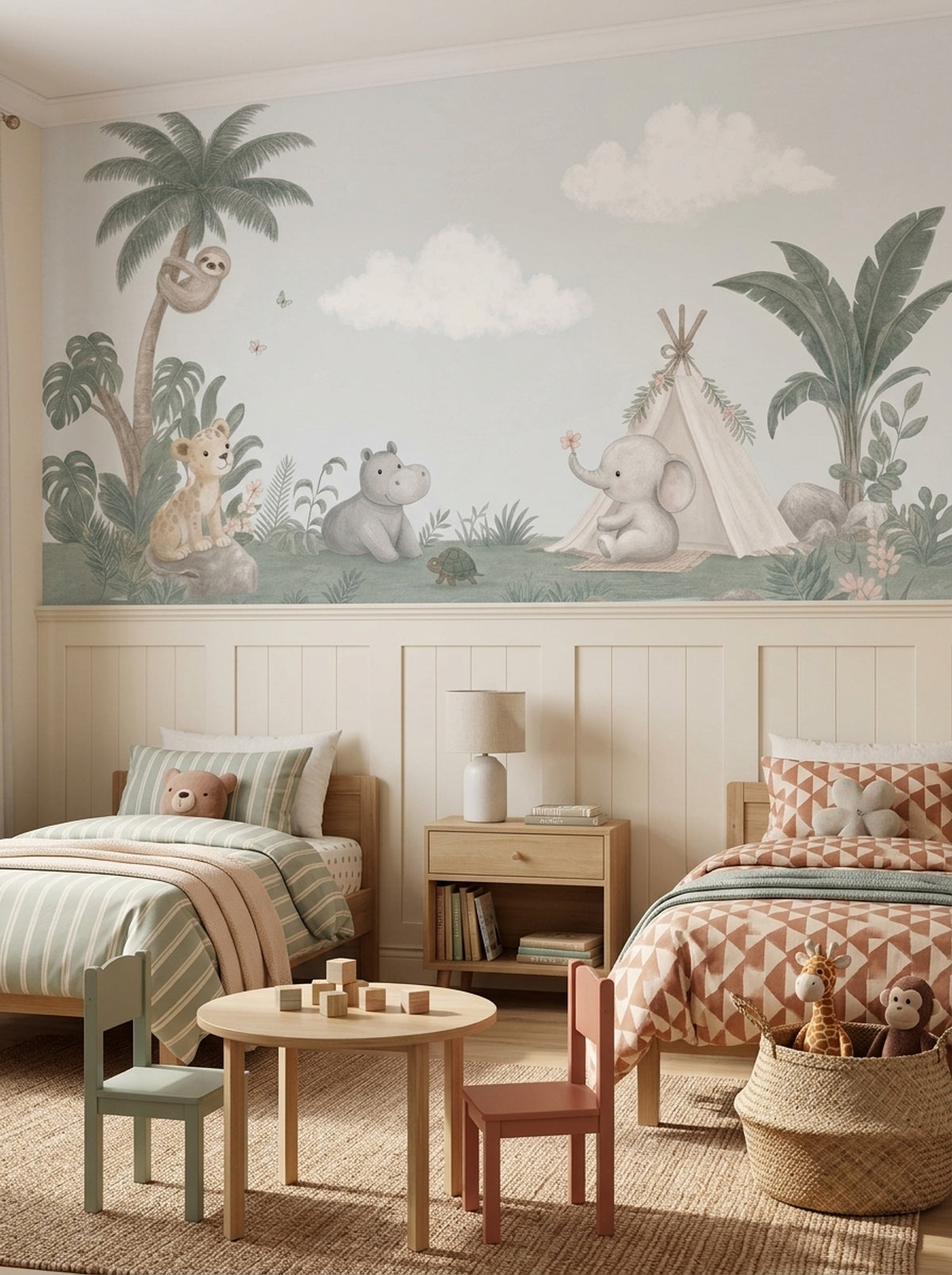 Pastel Jungle Safari Animals Wallpaper Watercolor Nursery Wall Mural