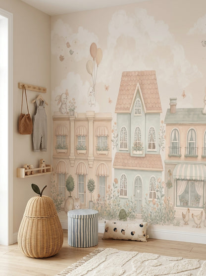 Pastel Village Bunnies Wallpaper Storybook Wall Mural