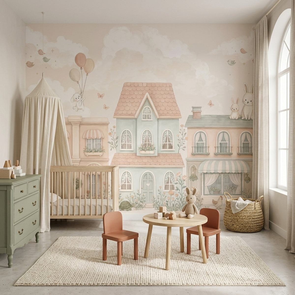 Pastel Village Bunnies Wallpaper Storybook Wall Mural