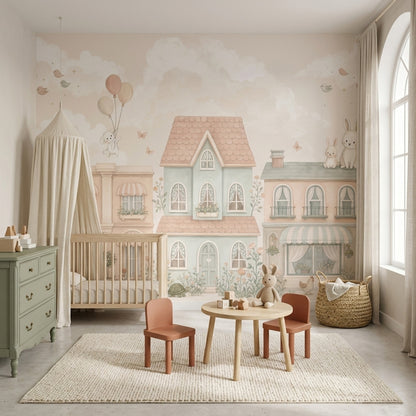 Pastel Village Bunnies Wallpaper Storybook Wall Mural