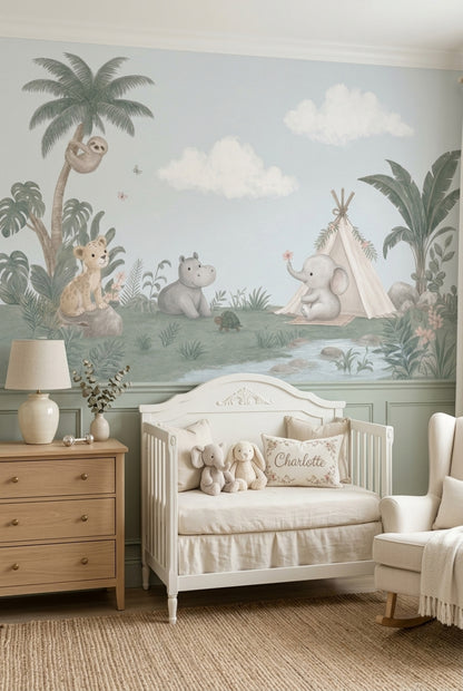 Pastel Jungle Safari Animals Wallpaper Watercolor Nursery Wall Mural