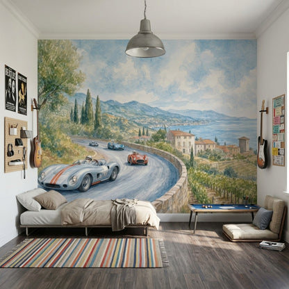 Vintage Coastal Road Race Wallpaper Mediterranean Landscape Wall Mural