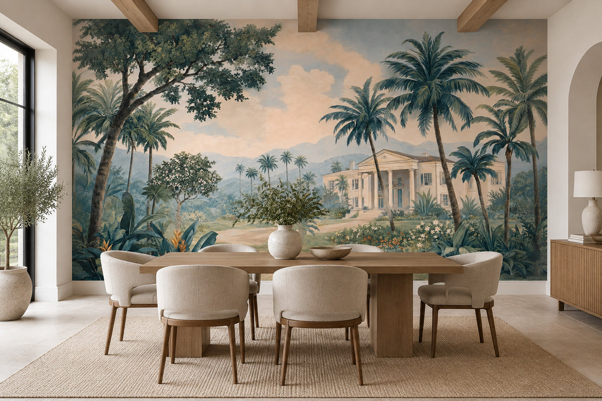 Palm Trees Tropical Landscape Wallpaper Vintage Garden Villa Wall Mural