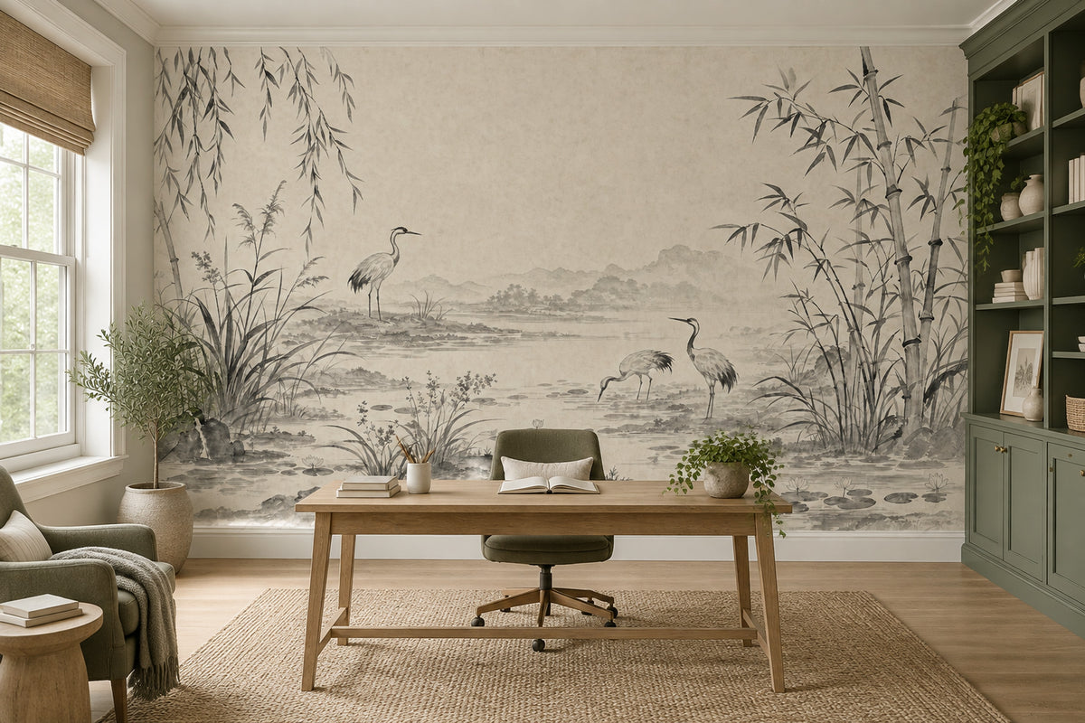 Bamboo Cranes Pond Wallpaper Ink Wash Wall Mural