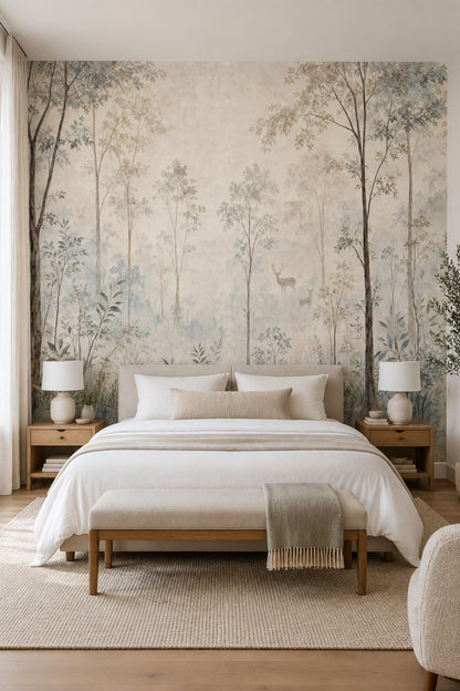Misty Forest Deer Wallpaper Watercolor Woodland Wall Mural