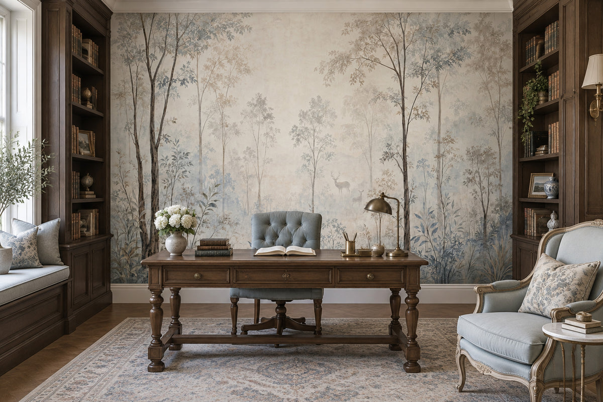 Misty Forest Deer Wallpaper Watercolor Woodland Wall Mural