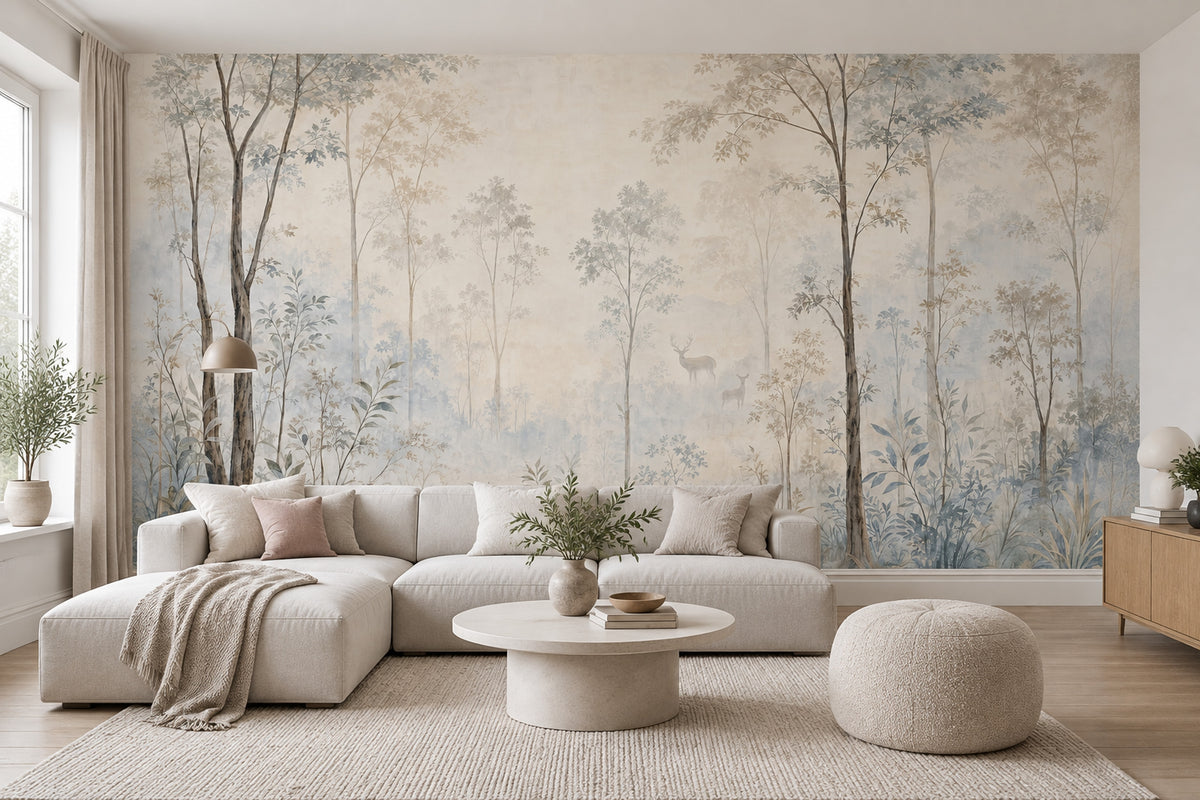 Misty Forest Deer Wallpaper Watercolor Woodland Wall Mural
