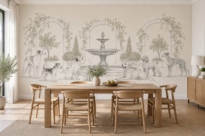 Toile Garden Dogs Wallpaper Ivory Classical Wall Mural