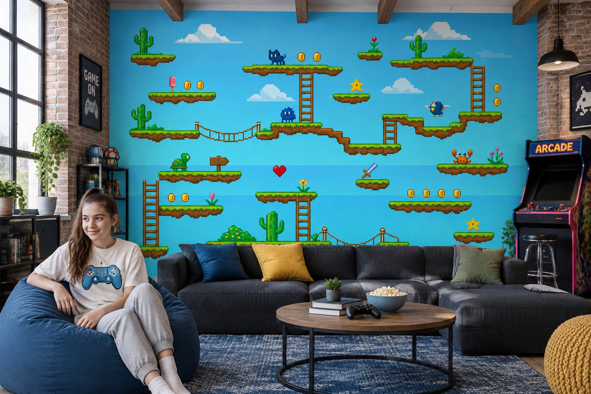 Pixel Art Platform Game Wallpaper Floating Islands Wall Mural