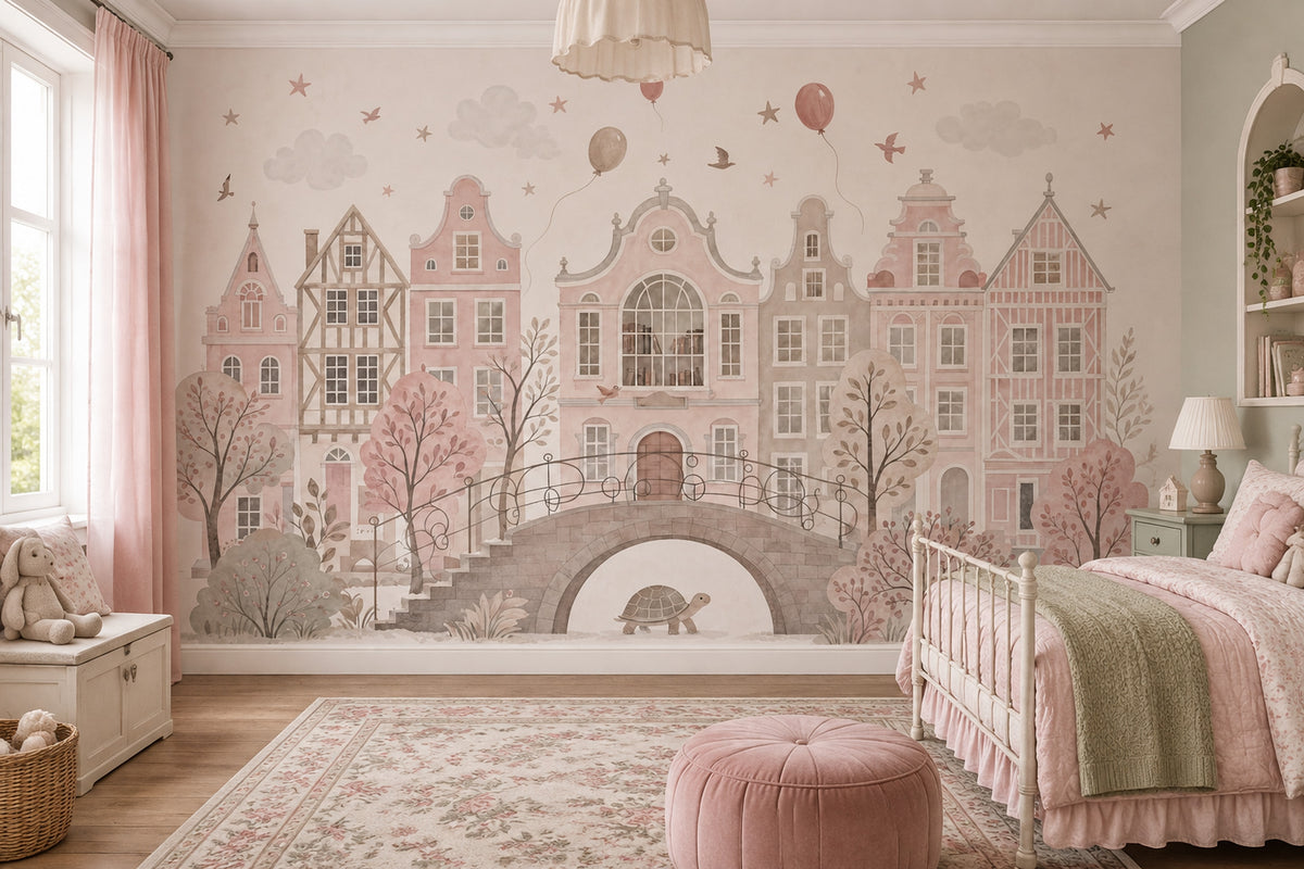 Pastel Dutch Houses Wallpaper Watercolor Cityscape Wall Mural