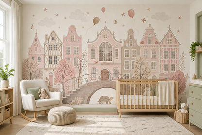 Pastel Dutch Houses Wallpaper Watercolor Cityscape Wall Mural