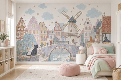 Watercolor Dutch Village Wallpaper Pastel Storybook Wall Mural
