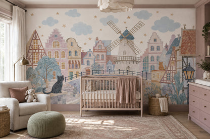 Watercolor Dutch Village Wallpaper Pastel Storybook Wall Mural